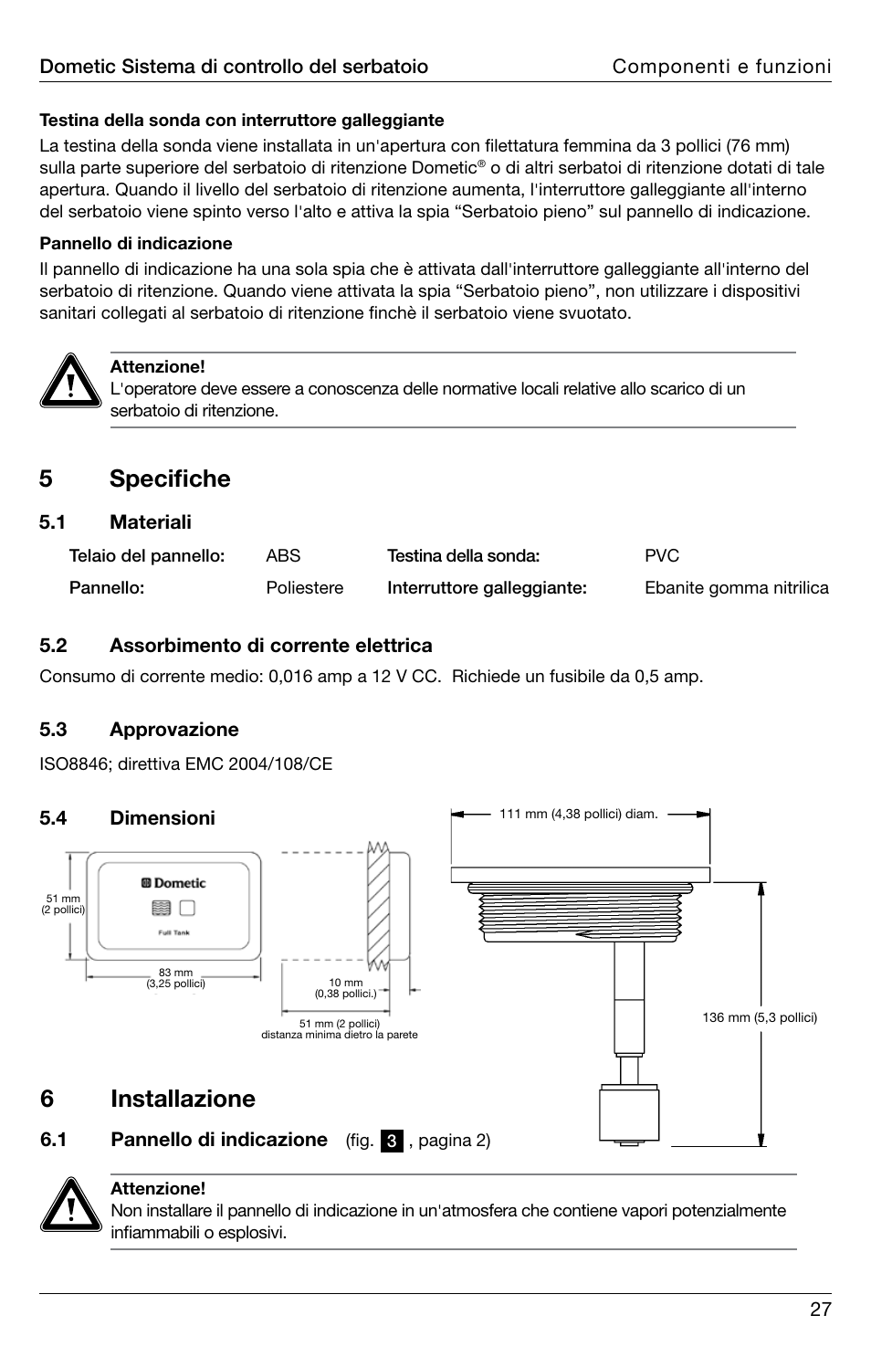 5specifiche, 6installazione | SeaLand DTM01C Tank Monitor User Manual | Page 27 / 48