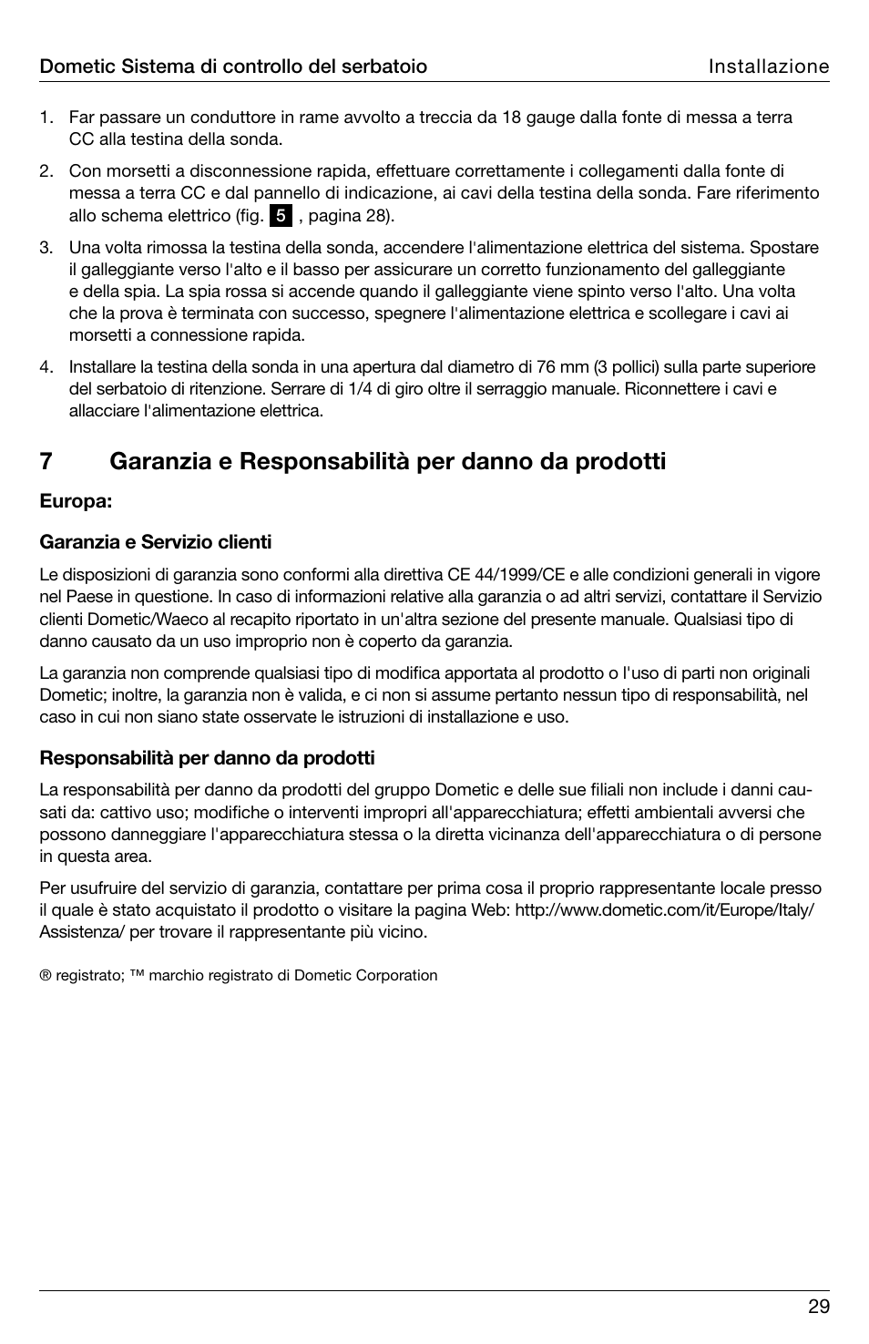 7garanzia e responsabilità per danno da prodotti | SeaLand DTM01C Tank Monitor User Manual | Page 29 / 48