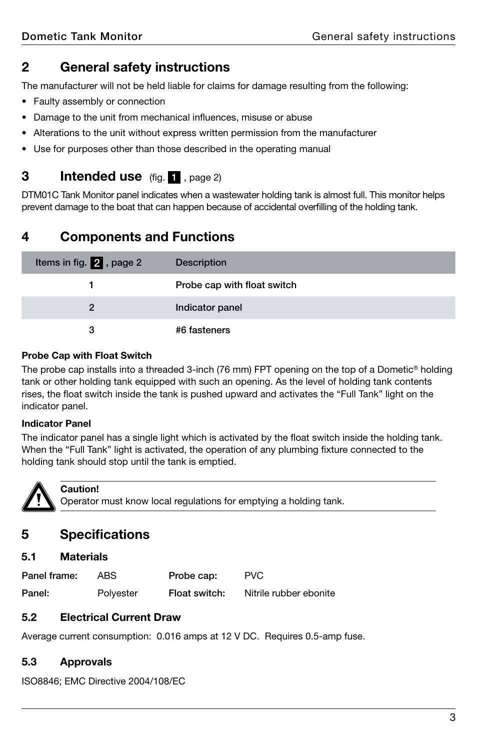 2general safety instructions, 3intended use, 4components and functions | 5specifications | SeaLand DTM01C Tank Monitor User Manual | Page 3 / 48