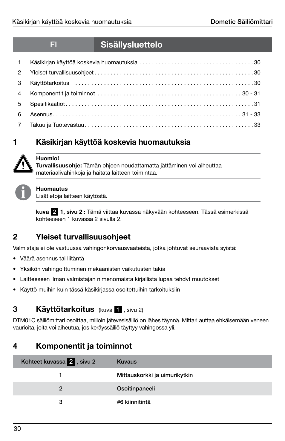 Sisällysluettelo, 1käsikirjan käyttöä koskevia huomautuksia, 3käyttötarkoitus | 4komponentit ja toiminnot, 2yleiset turvallisuusohjeet | SeaLand DTM01C Tank Monitor User Manual | Page 30 / 48