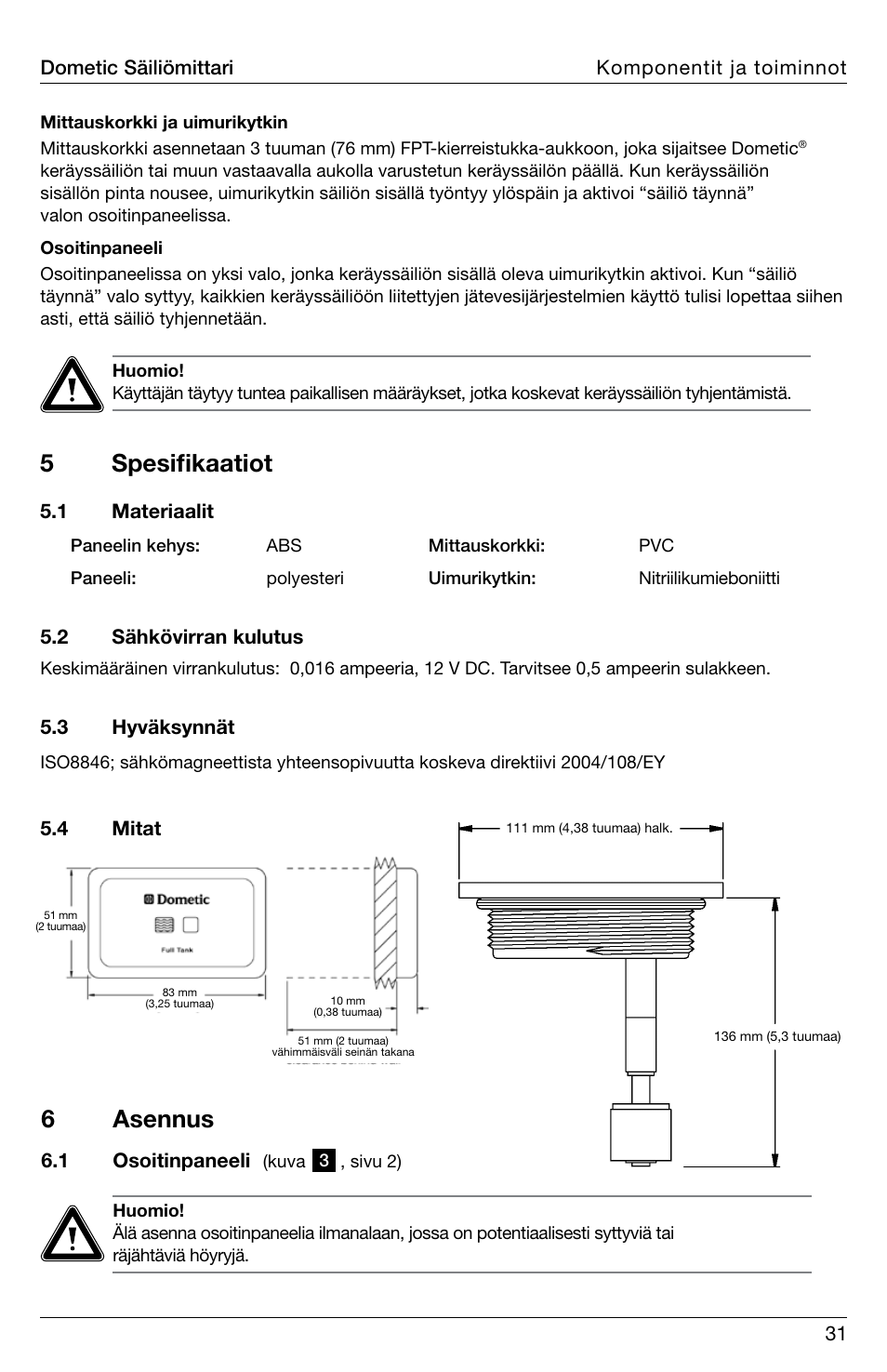 5spesifikaatiot, 6asennus | SeaLand DTM01C Tank Monitor User Manual | Page 31 / 48