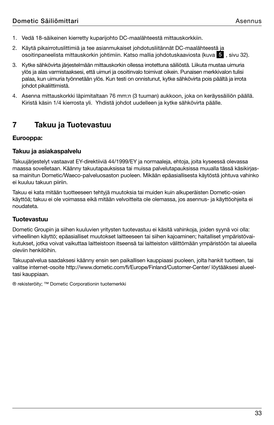 7takuu ja tuotevastuu | SeaLand DTM01C Tank Monitor User Manual | Page 33 / 48