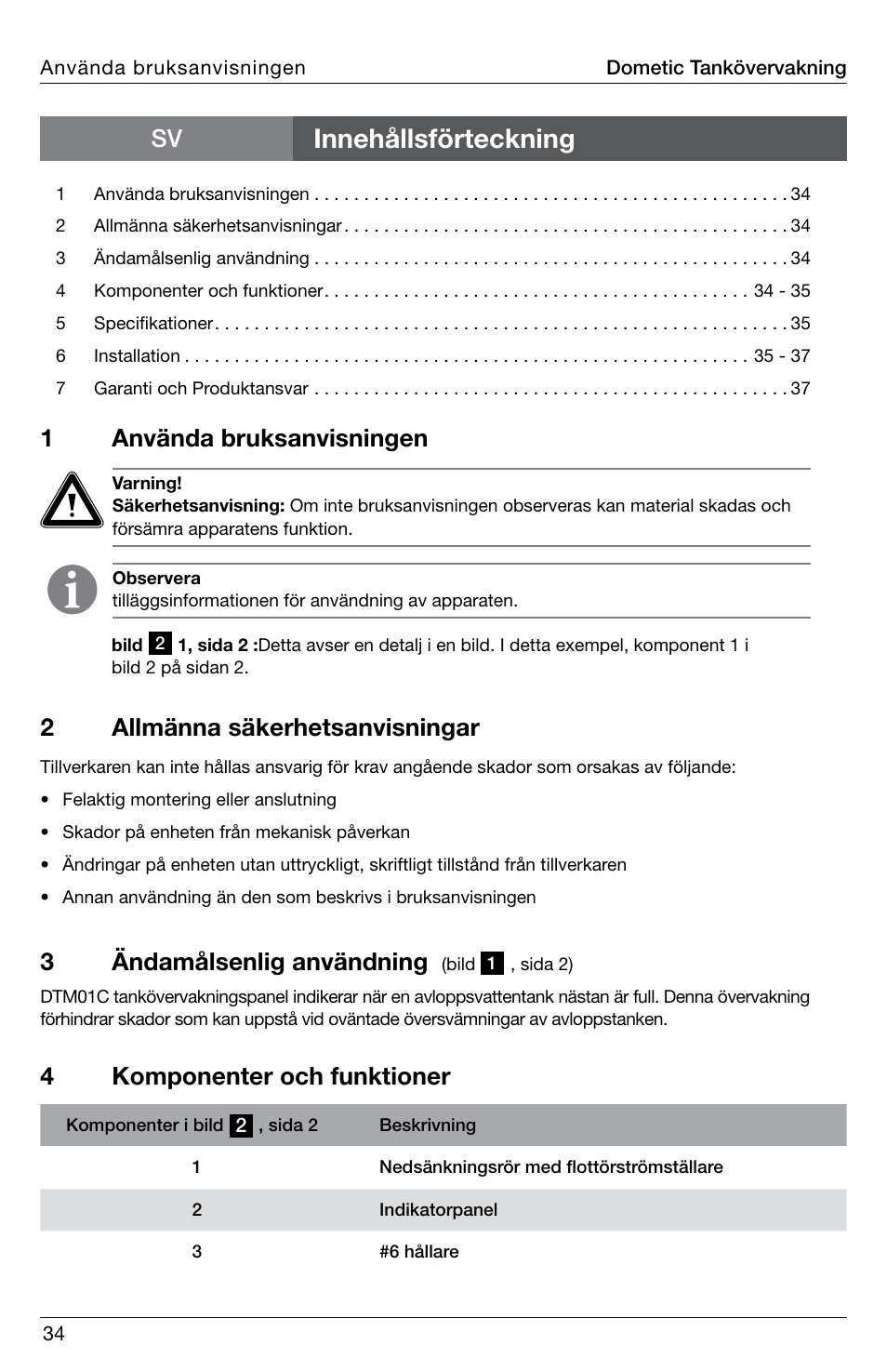 Innehållsförteckning, 1använda bruksanvisningen, 3ändamålsenlig användning | 4komponenter och funktioner, 2allmänna säkerhetsanvisningar | SeaLand DTM01C Tank Monitor User Manual | Page 34 / 48