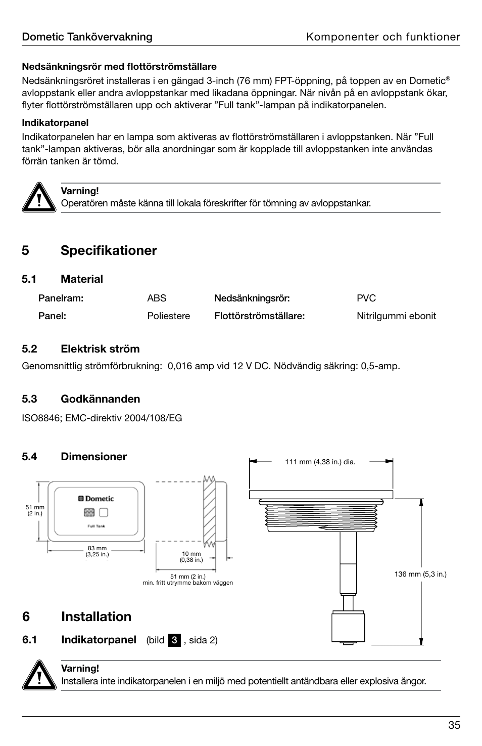 5specifikationer, 6installation | SeaLand DTM01C Tank Monitor User Manual | Page 35 / 48