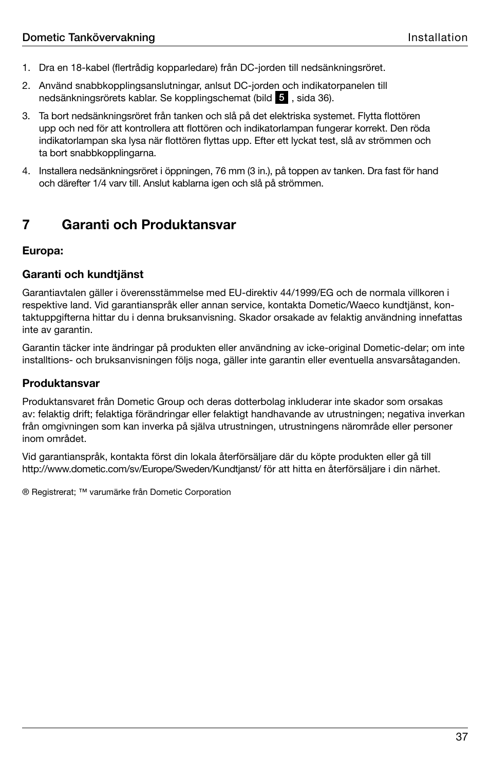 7garanti och produktansvar | SeaLand DTM01C Tank Monitor User Manual | Page 37 / 48