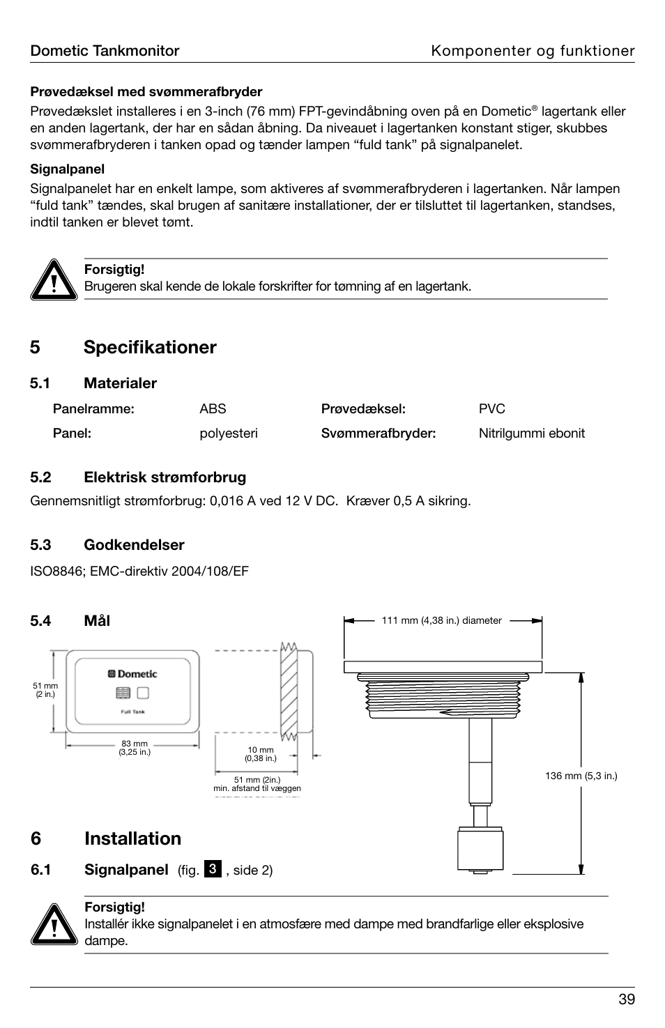 5specifikationer, 6installation | SeaLand DTM01C Tank Monitor User Manual | Page 39 / 48