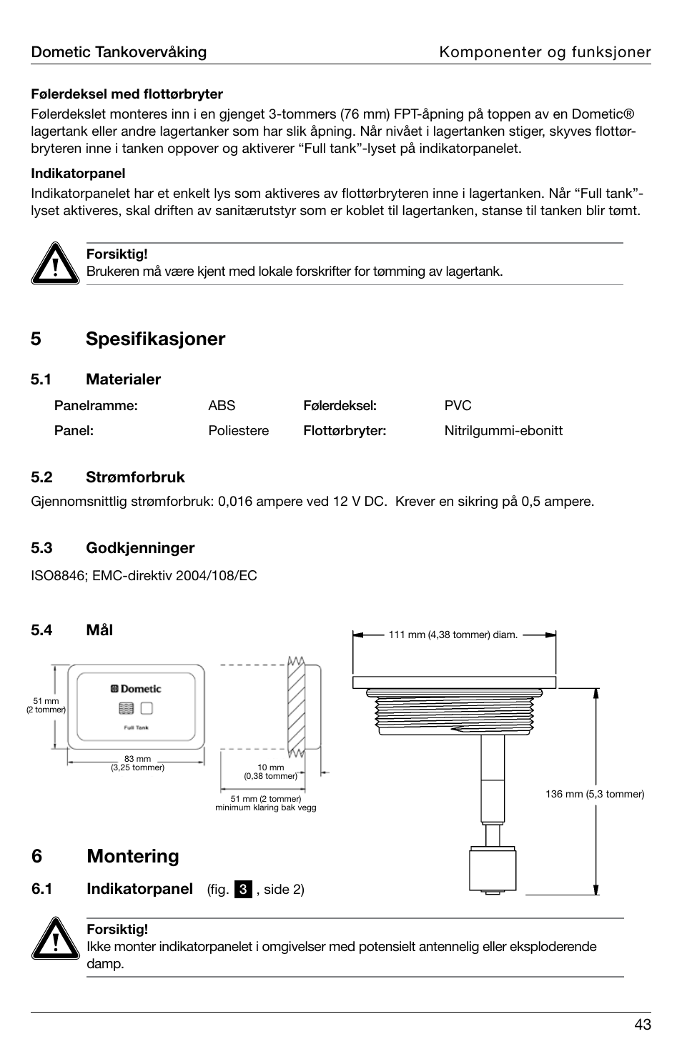 5spesifikasjoner, 6montering | SeaLand DTM01C Tank Monitor User Manual | Page 43 / 48