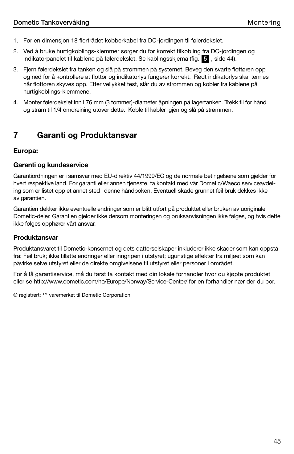 7garanti og produktansvar | SeaLand DTM01C Tank Monitor User Manual | Page 45 / 48