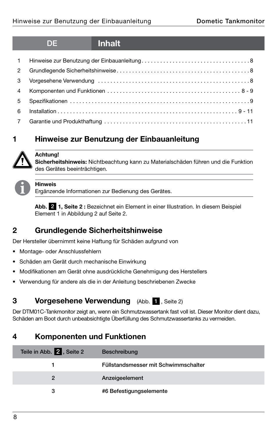Inhalt, 1hinweise zur benutzung der einbauanleitung, 3vorgesehene verwendung | 4komponenten und funktionen, 2grundlegende sicherheitshinweise | SeaLand DTM01C Tank Monitor User Manual | Page 8 / 48