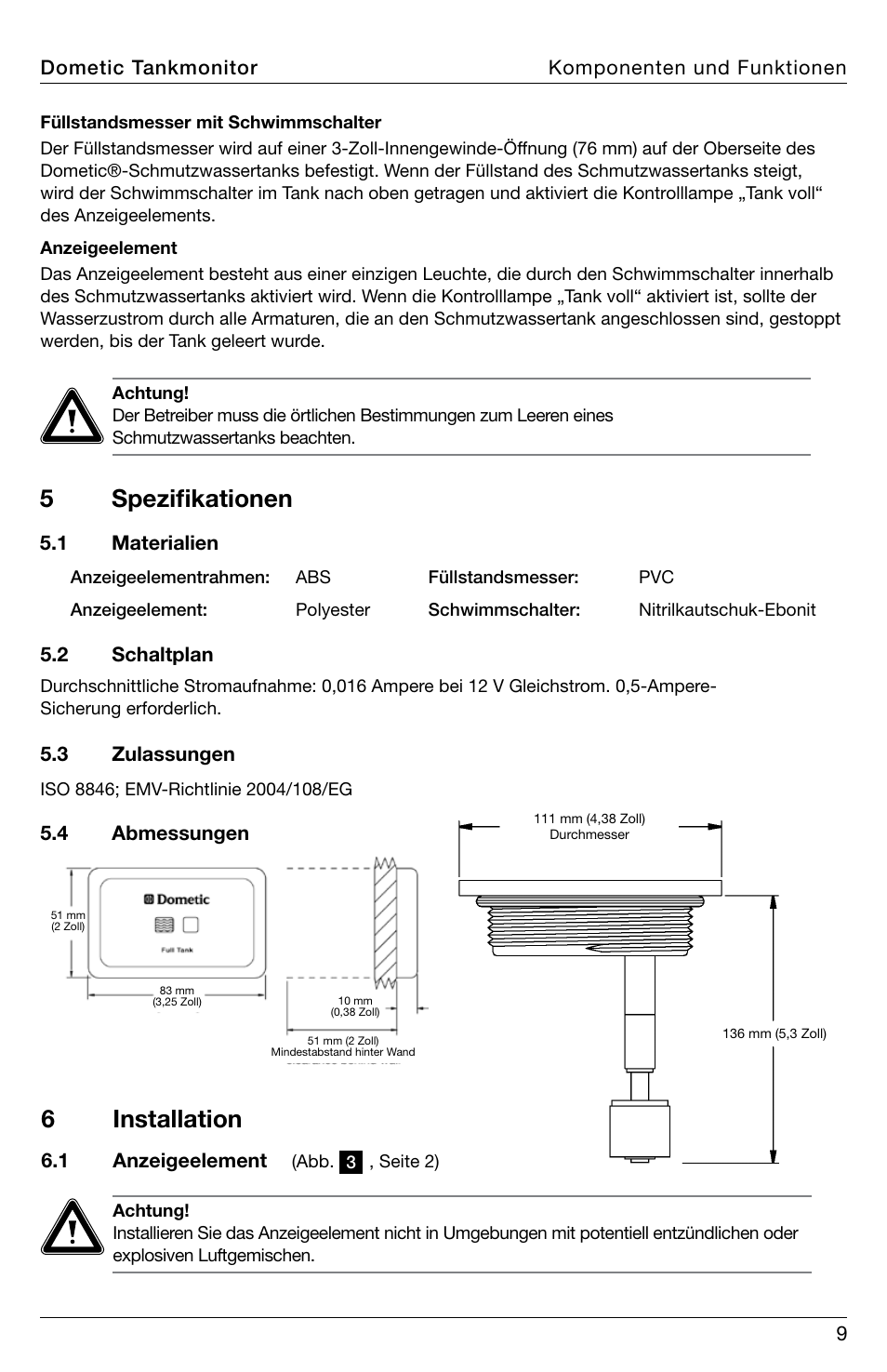 5spezifikationen, 6installation | SeaLand DTM01C Tank Monitor User Manual | Page 9 / 48