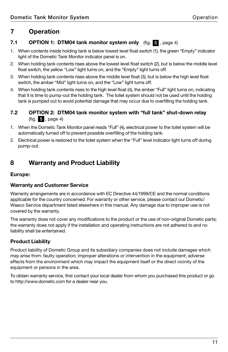 7 operation, 8warranty and product liability | SeaLand DTM04 Tank Monitor System Manual User Manual | Page 11 / 72