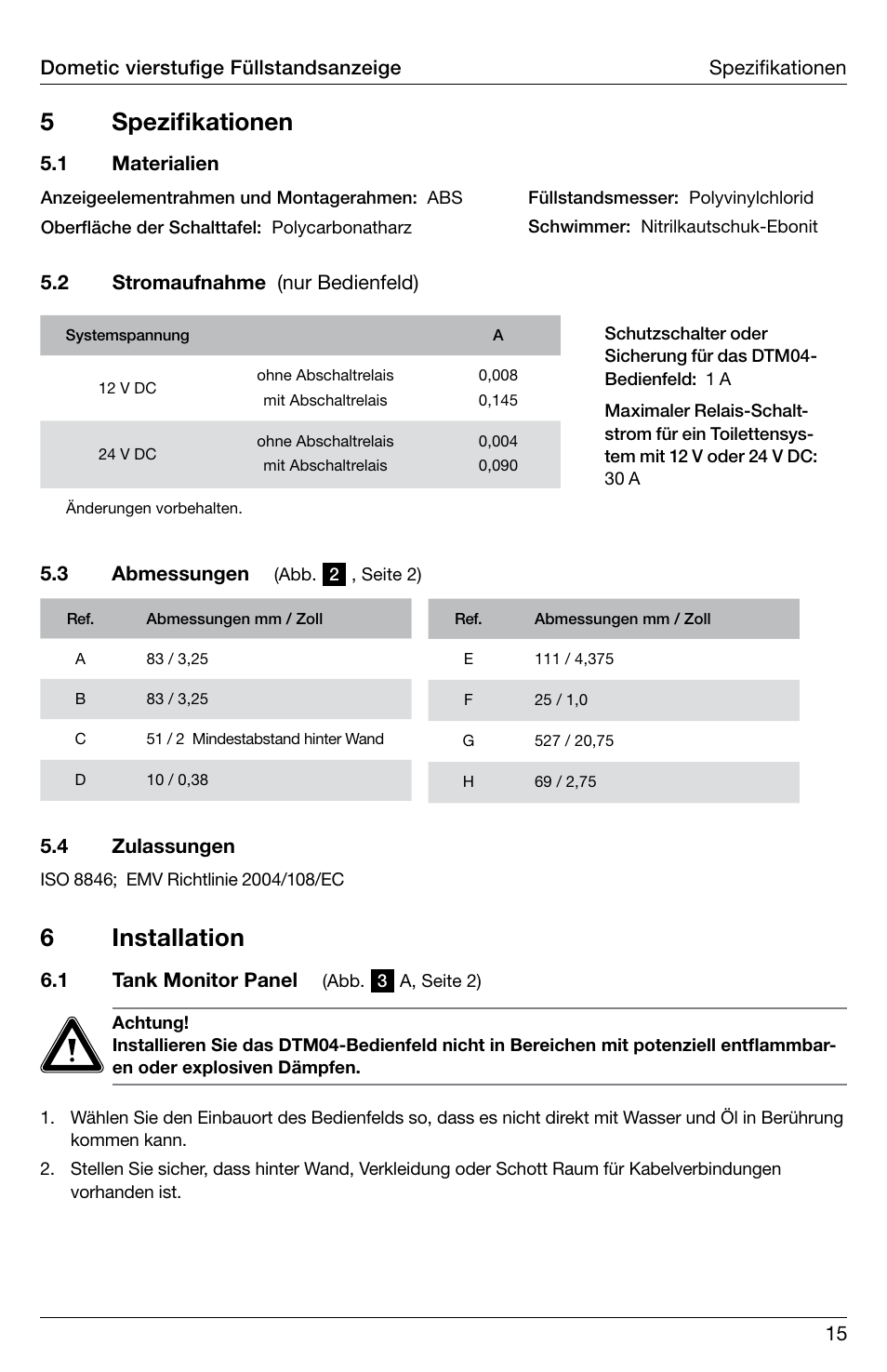 5 spezifikationen, 6 installation | SeaLand DTM04 Tank Monitor System Manual User Manual | Page 15 / 72