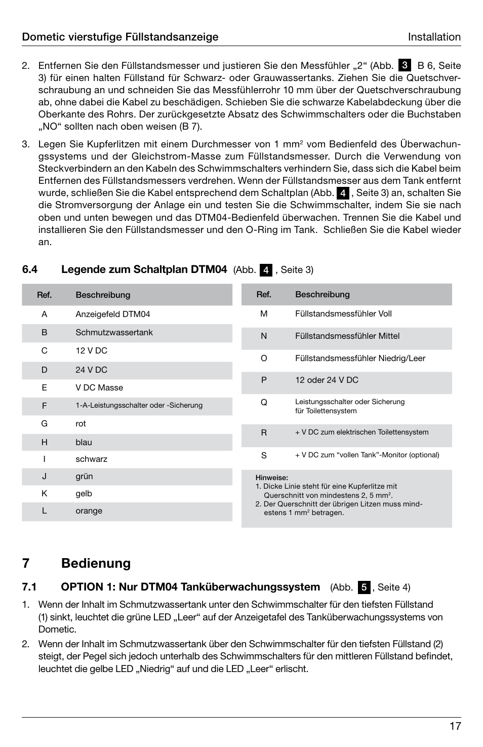 7 bedienung, Dometic vierstufige füllstandsanzeige installation, 4 legende zum schaltplan dtm04 | 1 option 1: nur dtm04 tanküberwachungssystem | SeaLand DTM04 Tank Monitor System Manual User Manual | Page 17 / 72