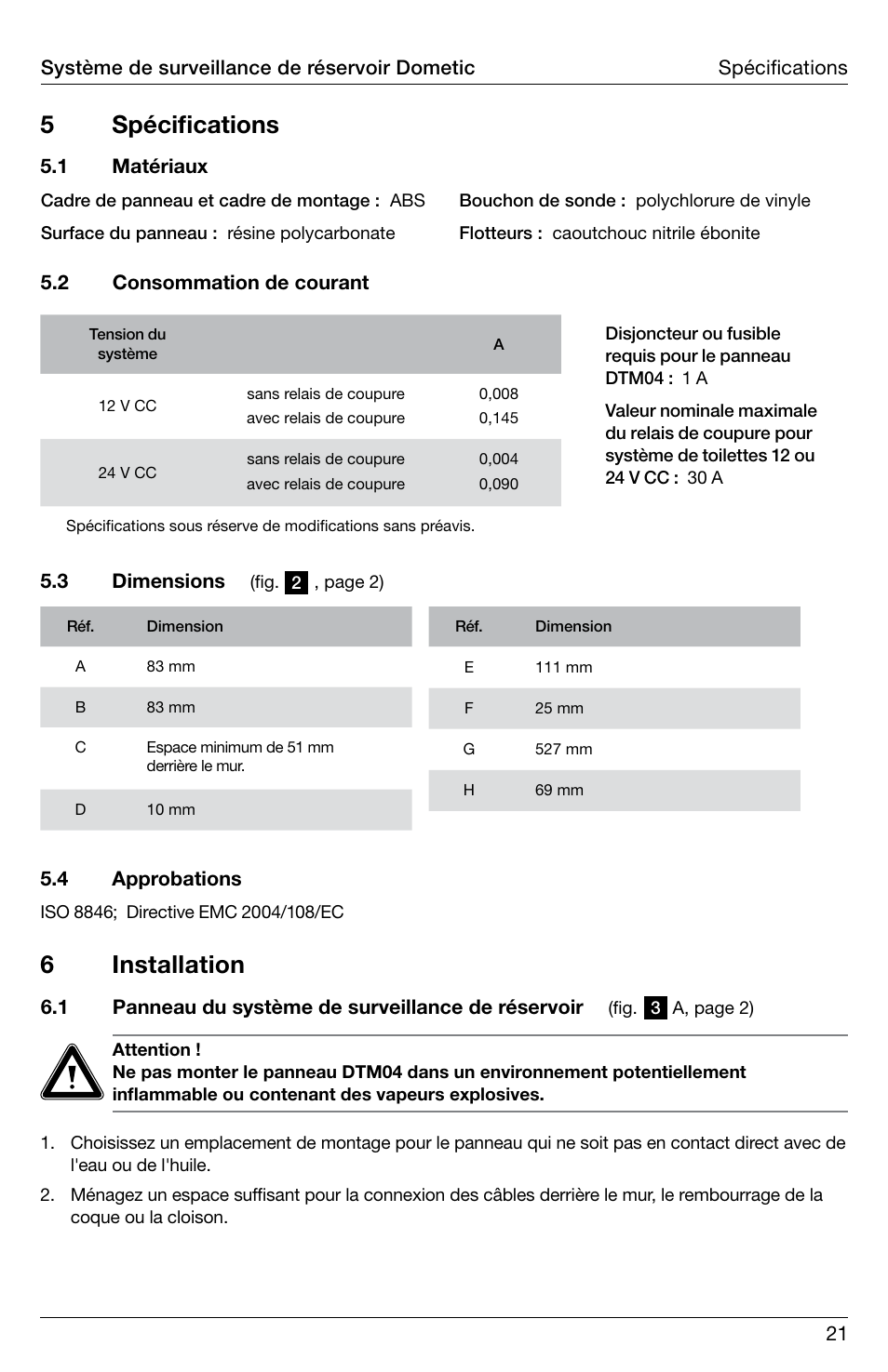 5 spécifications, 6 installation | SeaLand DTM04 Tank Monitor System Manual User Manual | Page 21 / 72