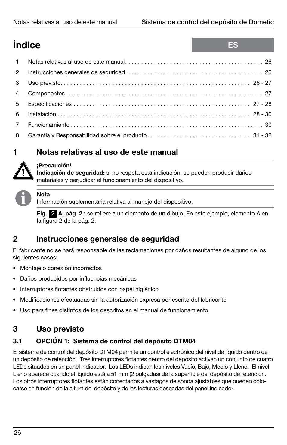 Índice, 1notas relativas al uso de este manual, 2instrucciones generales de seguridad | 3uso previsto | SeaLand DTM04 Tank Monitor System Manual User Manual | Page 26 / 72