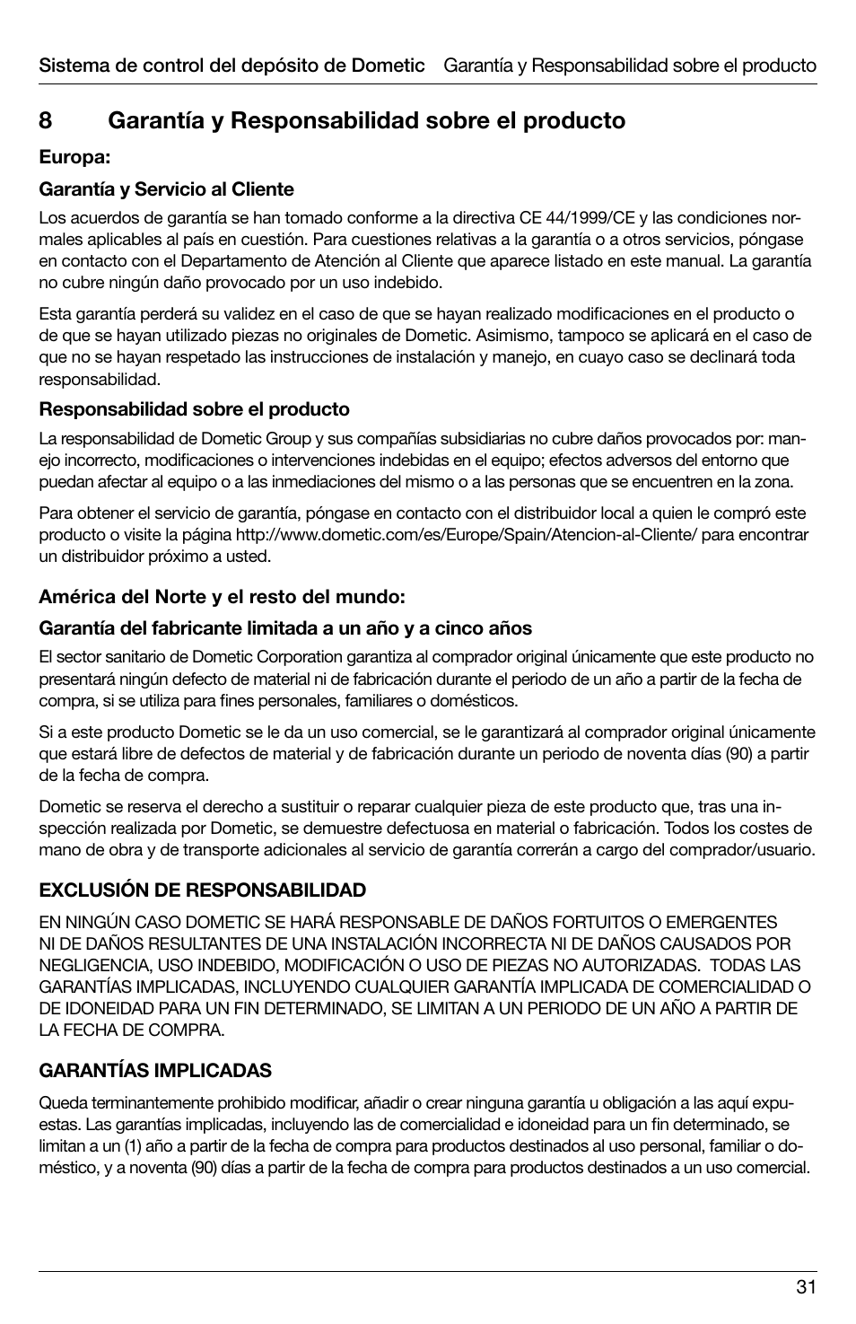 8garantía y responsabilidad sobre el producto | SeaLand DTM04 Tank Monitor System Manual User Manual | Page 31 / 72