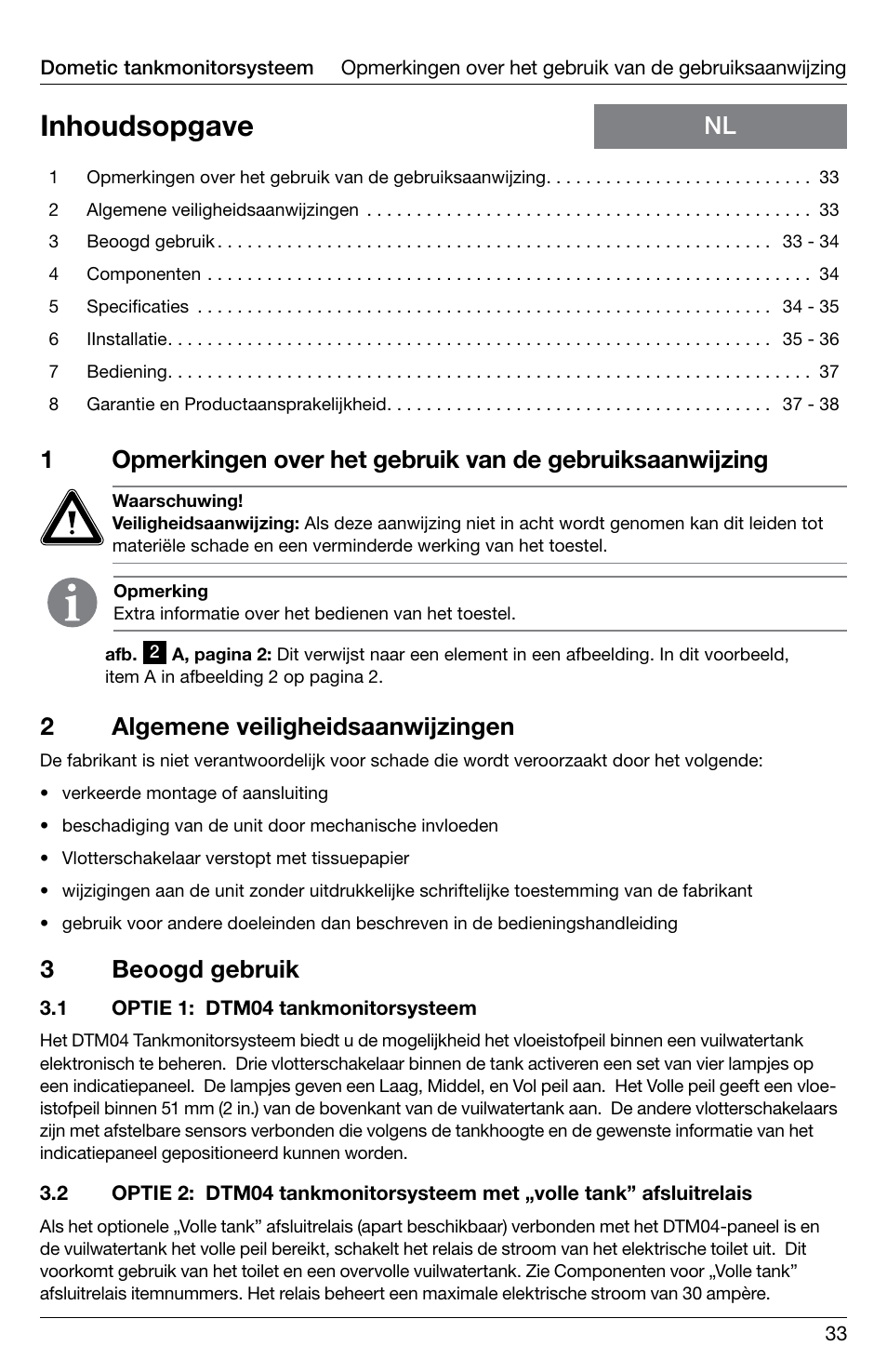 Inhoudsopgave, 2algemene veiligheidsaanwijzingen, 3beoogd gebruik | SeaLand DTM04 Tank Monitor System Manual User Manual | Page 33 / 72