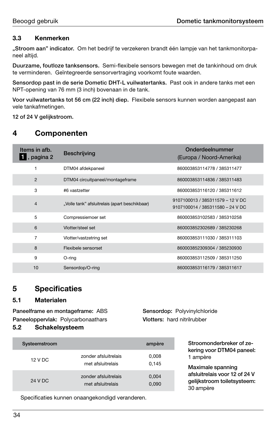 4 componenten, 5 specificaties, 1 materialen | 2 schakelsysteem | SeaLand DTM04 Tank Monitor System Manual User Manual | Page 34 / 72