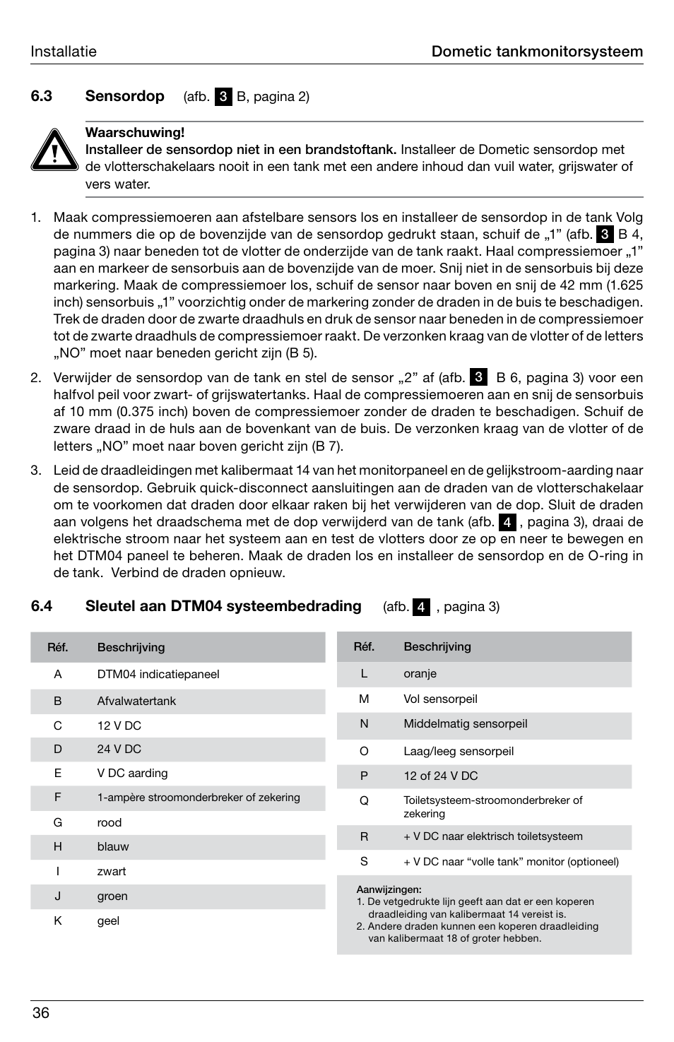 36 dometic tankmonitorsysteem installatie, 3 sensordop, 4 sleutel aan dtm04 systeembedrading | SeaLand DTM04 Tank Monitor System Manual User Manual | Page 36 / 72