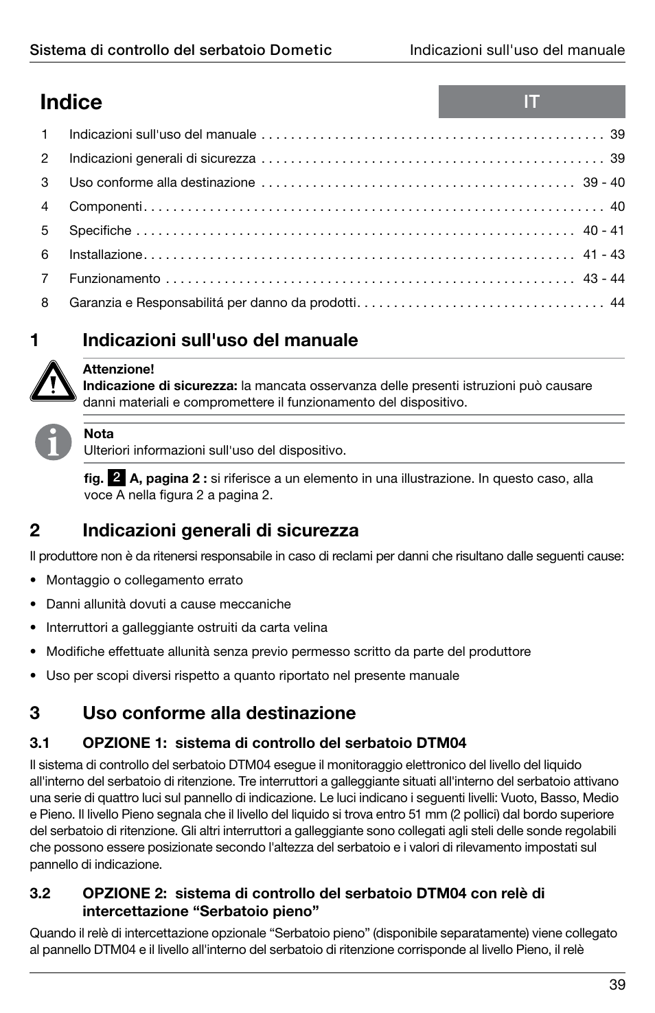 Indice, 1indicazioni sull'uso del manuale, 2indicazioni generali di sicurezza | 3uso conforme alla destinazione | SeaLand DTM04 Tank Monitor System Manual User Manual | Page 39 / 72