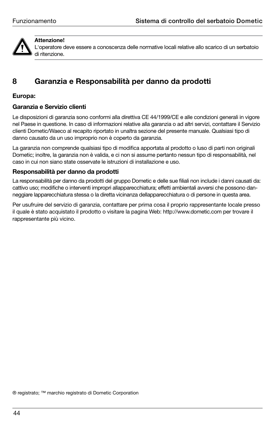 8garanzia e responsabilità per danno da prodotti | SeaLand DTM04 Tank Monitor System Manual User Manual | Page 44 / 72