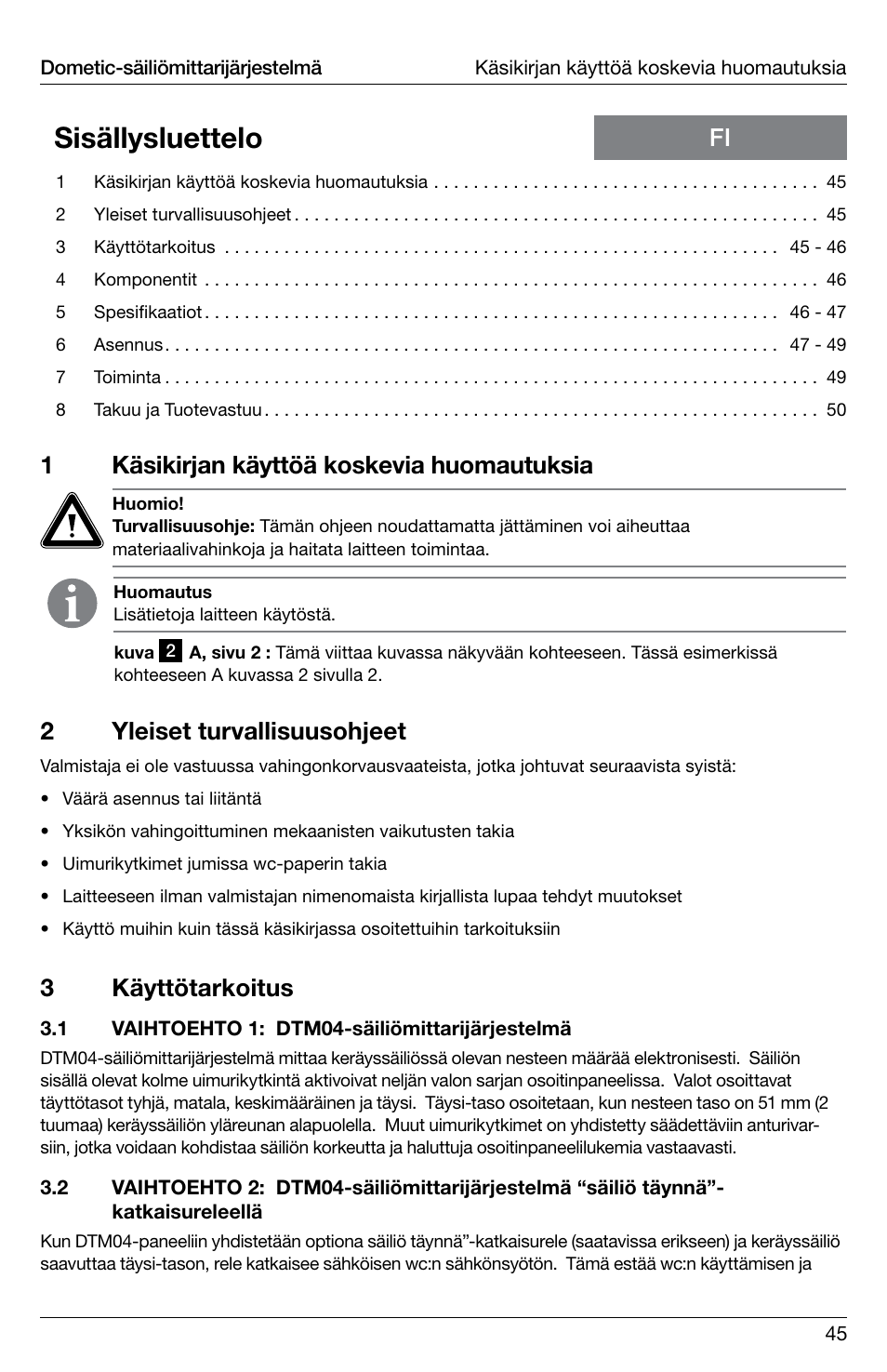 Sisällysluettelo, 1käsikirjan käyttöä koskevia huomautuksia, 2yleiset turvallisuusohjeet | 3 käyttötarkoitus | SeaLand DTM04 Tank Monitor System Manual User Manual | Page 45 / 72