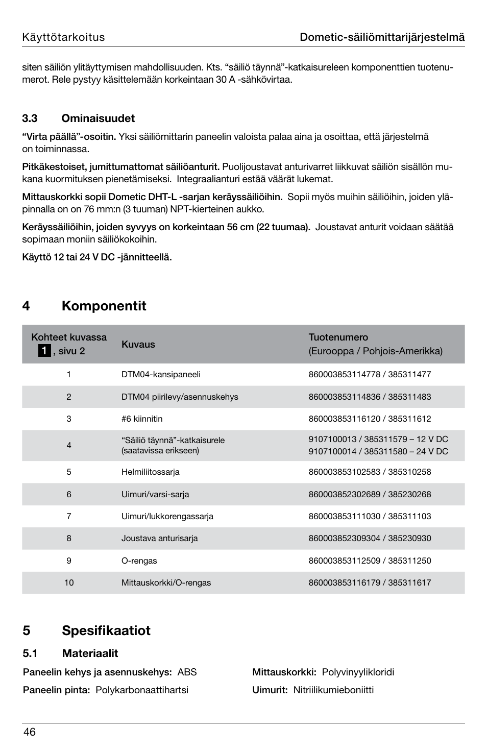 4 komponentit, 5 spesifikaatiot | SeaLand DTM04 Tank Monitor System Manual User Manual | Page 46 / 72