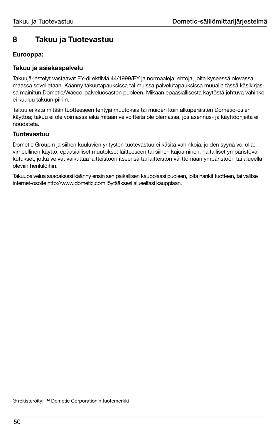 8takuu ja tuotevastuu | SeaLand DTM04 Tank Monitor System Manual User Manual | Page 50 / 72