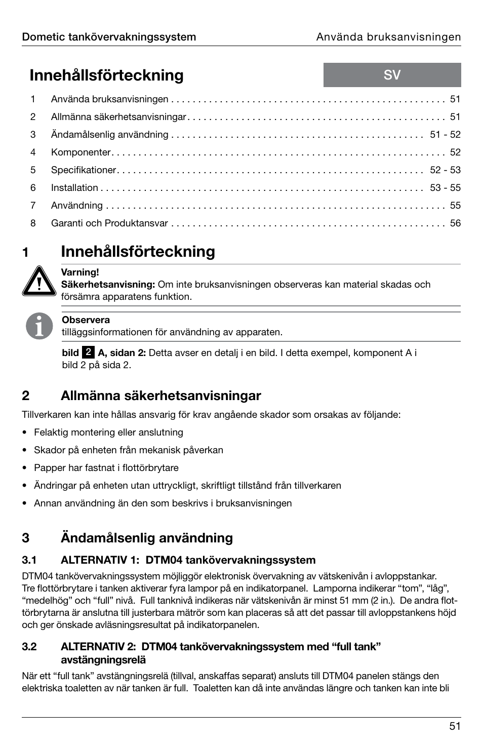 Innehållsförteckning, 2allmänna säkerhetsanvisningar, 3ändamålsenlig användning | SeaLand DTM04 Tank Monitor System Manual User Manual | Page 51 / 72