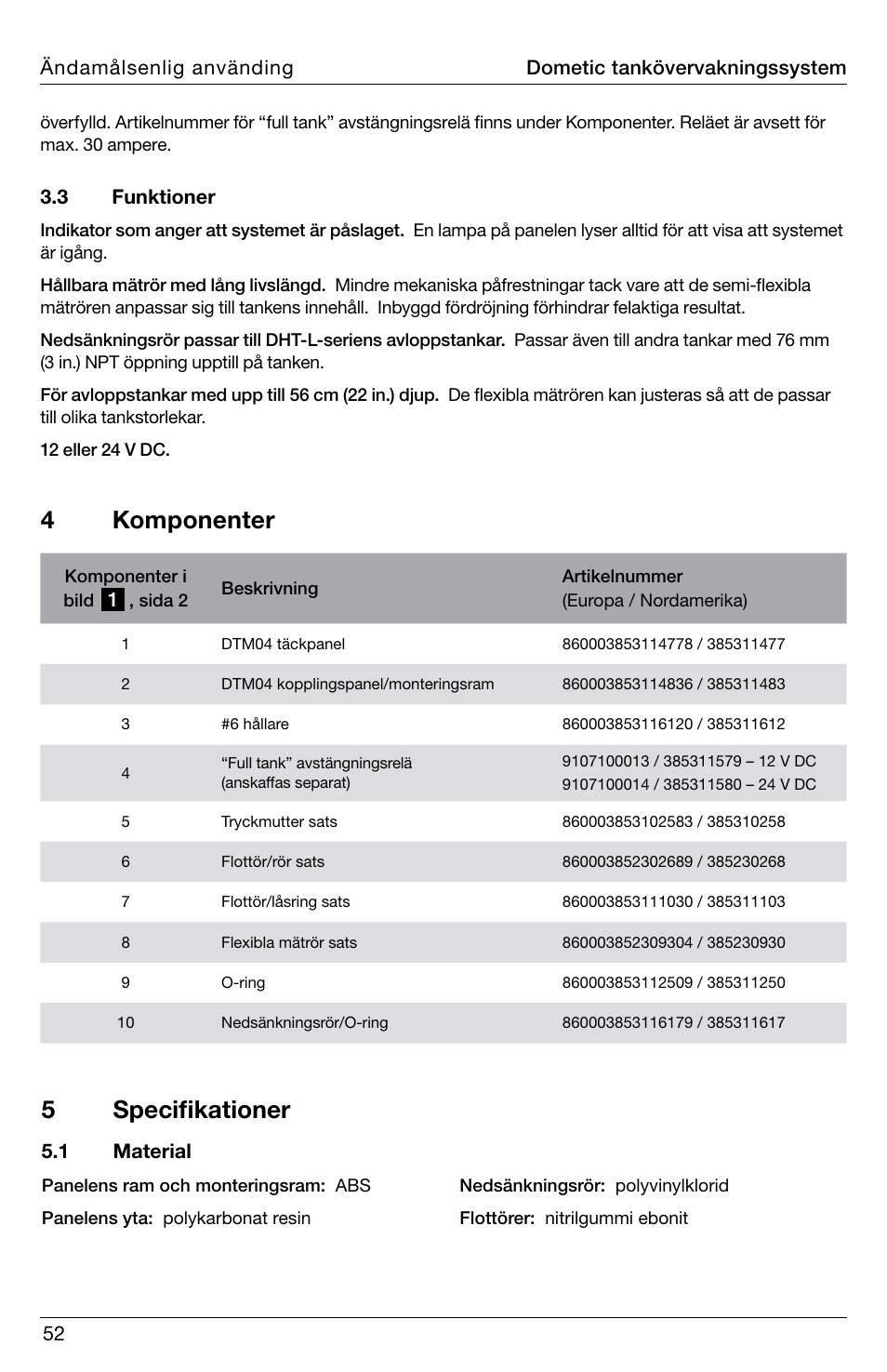 4 komponenter, 5 specifikationer | SeaLand DTM04 Tank Monitor System Manual User Manual | Page 52 / 72
