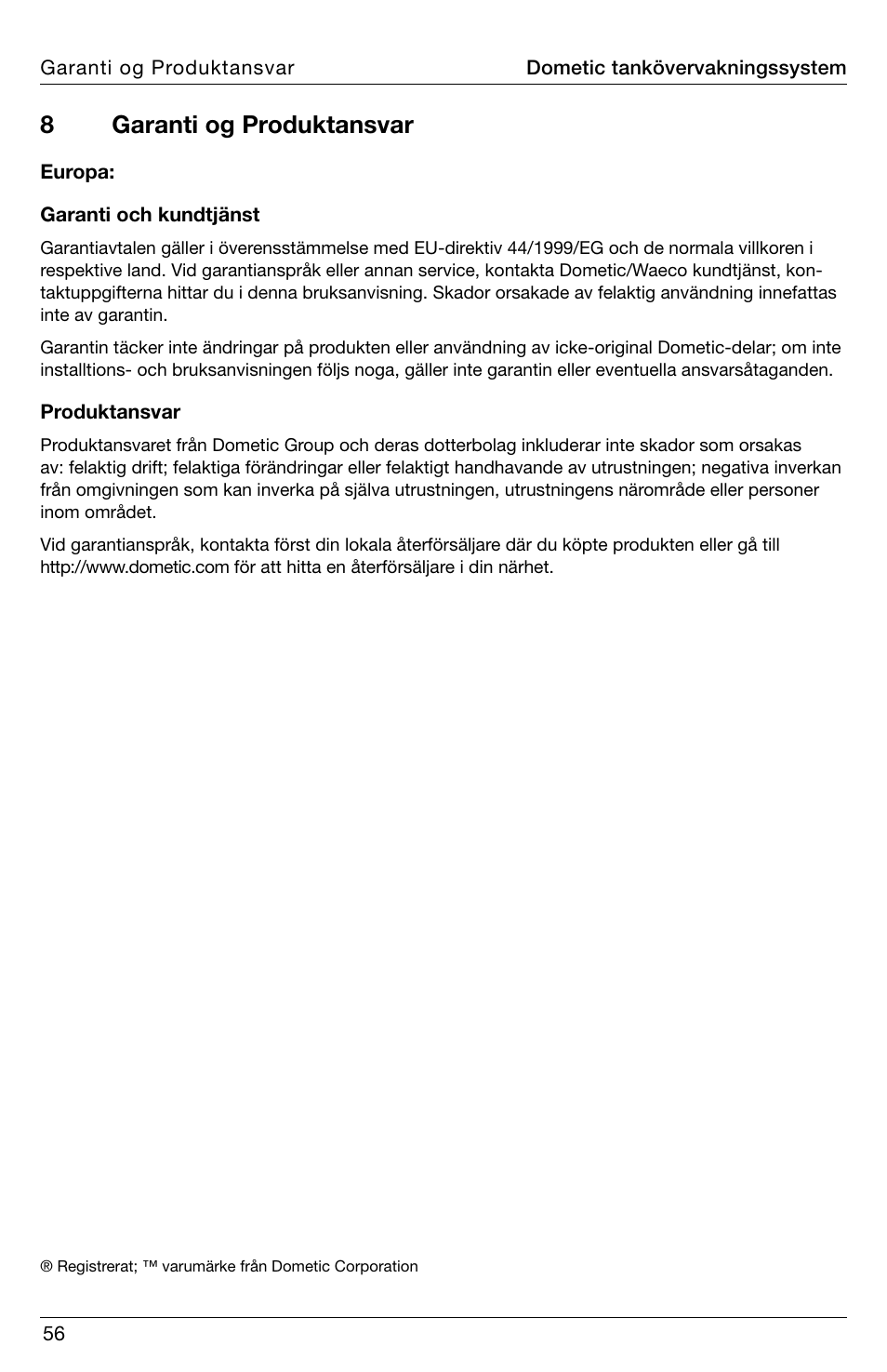 8garanti og produktansvar | SeaLand DTM04 Tank Monitor System Manual User Manual | Page 56 / 72