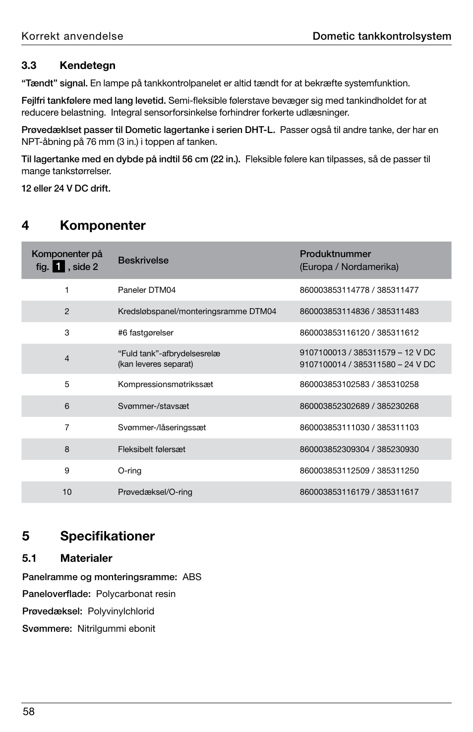 4 komponenter, 5 specifikationer | SeaLand DTM04 Tank Monitor System Manual User Manual | Page 58 / 72