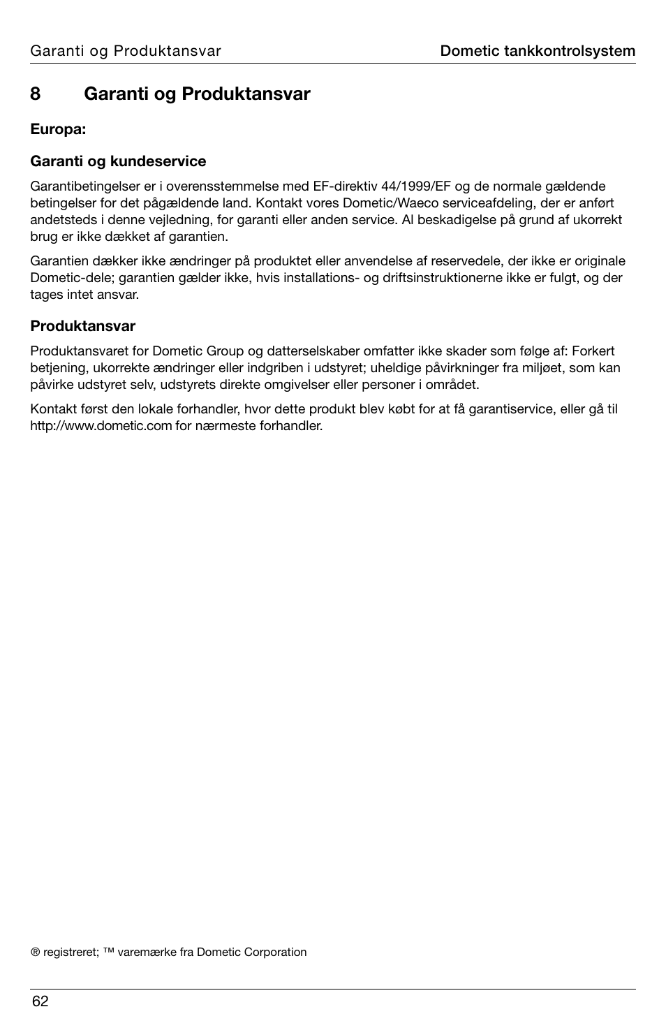 8garanti og produktansvar | SeaLand DTM04 Tank Monitor System Manual User Manual | Page 62 / 72