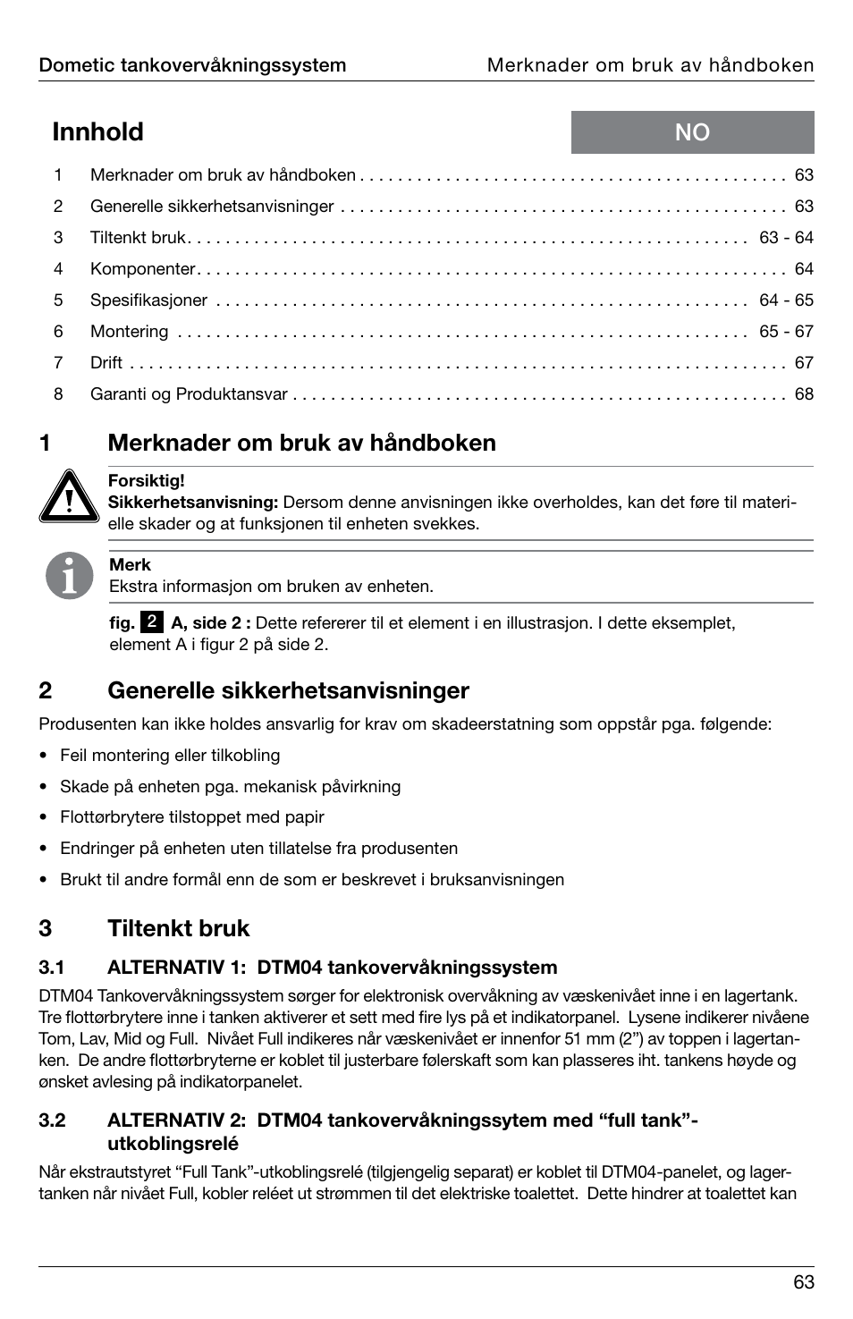 Innhold, 1merknader om bruk av håndboken, 2generelle sikkerhetsanvisninger | 3tiltenkt bruk | SeaLand DTM04 Tank Monitor System Manual User Manual | Page 63 / 72