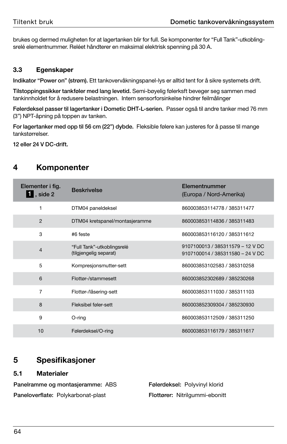 4 komponenter, 5 spesifikasjoner | SeaLand DTM04 Tank Monitor System Manual User Manual | Page 64 / 72