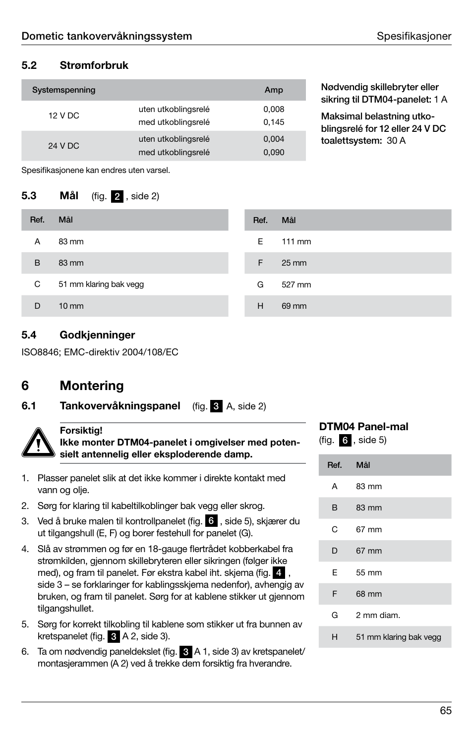 6 montering | SeaLand DTM04 Tank Monitor System Manual User Manual | Page 65 / 72