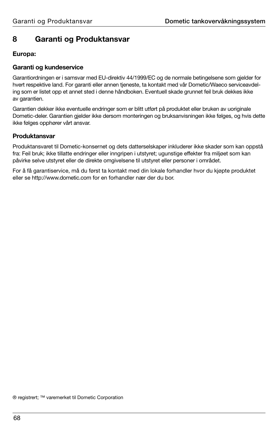 8garanti og produktansvar | SeaLand DTM04 Tank Monitor System Manual User Manual | Page 68 / 72