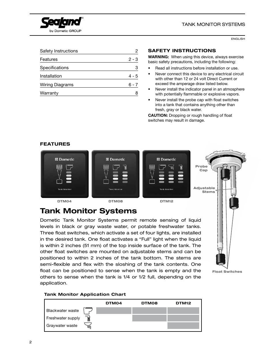 Safety instructions, Features, Tank monitor systems | SeaLand DTM04 Tank Monitor System Manual User Manual | Page 2 / 9