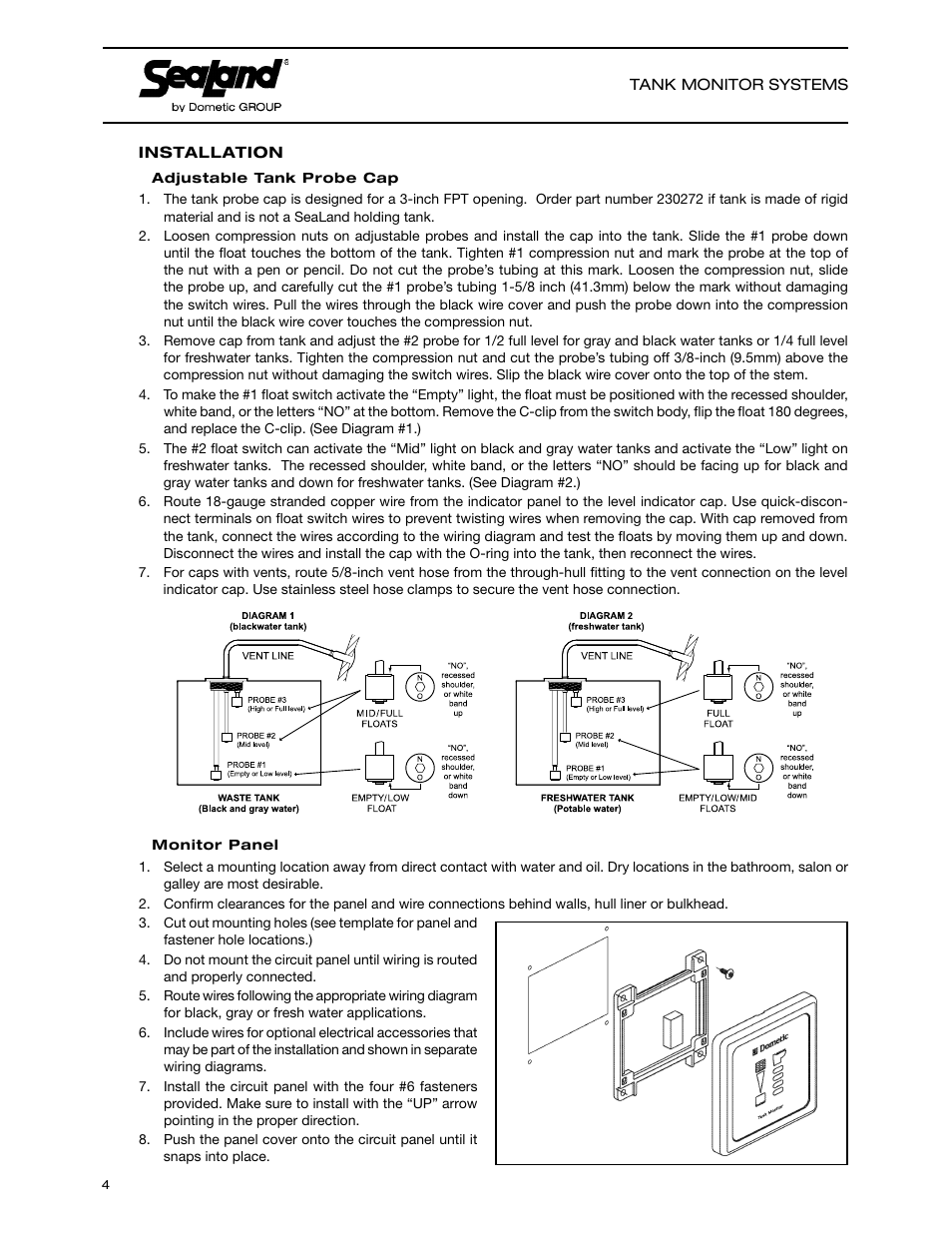 Installation, Adjustable tank probe cap, Monitor panel | SeaLand DTM04 Tank Monitor System Manual User Manual | Page 4 / 9