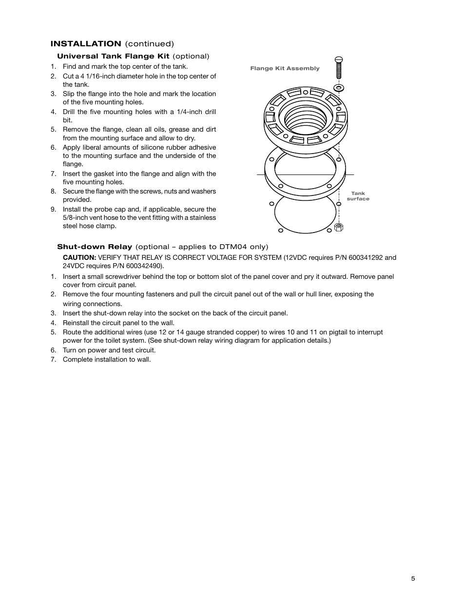 Universal tank flange kit, Shut-down relay | SeaLand DTM04 Tank Monitor System Manual User Manual | Page 5 / 9
