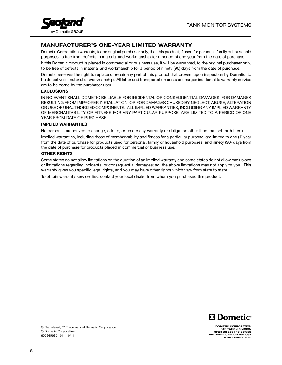 Warranty, Tank monitor systems, Manufacturer’s one-year limited warranty | SeaLand DTM04 Tank Monitor System Manual User Manual | Page 8 / 9