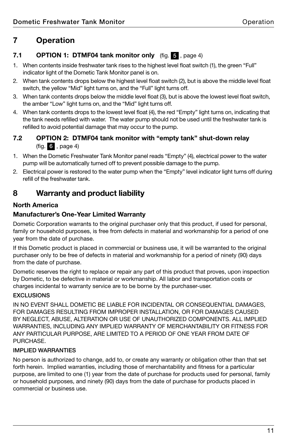 Operation, Warranty, 7 operation | 8warranty and product liability | SeaLand DTMF04 Freshwater Tank Monitor User Manual | Page 11 / 12