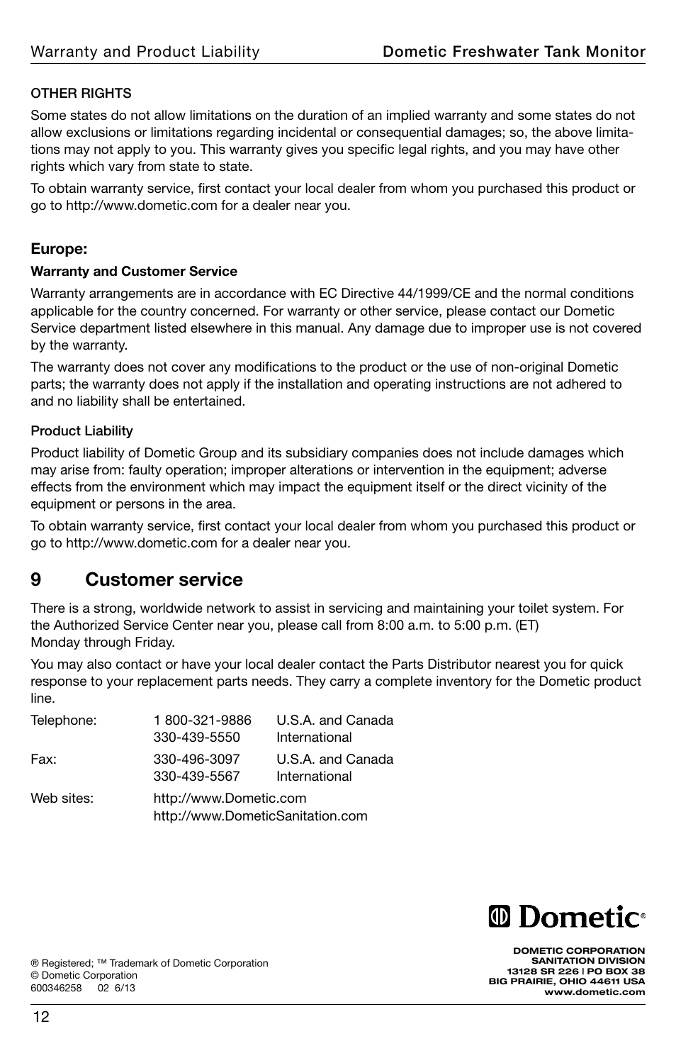 Customer service, 9customer service | SeaLand DTMF04 Freshwater Tank Monitor User Manual | Page 12 / 12