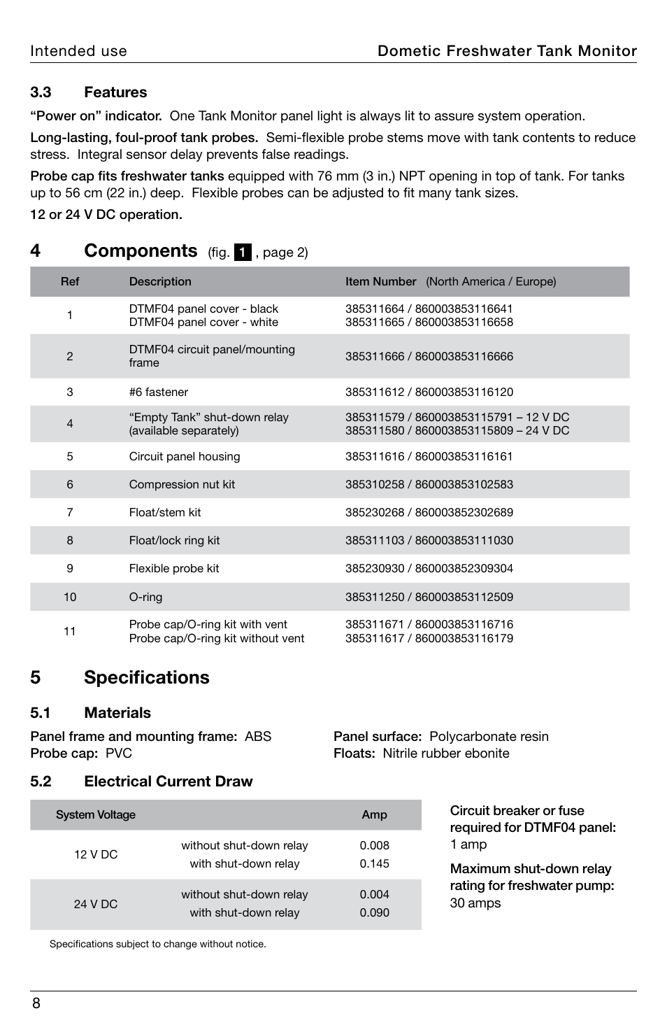 Components, Specifications, 4components | 5 specifications | SeaLand DTMF04 Freshwater Tank Monitor User Manual | Page 8 / 12