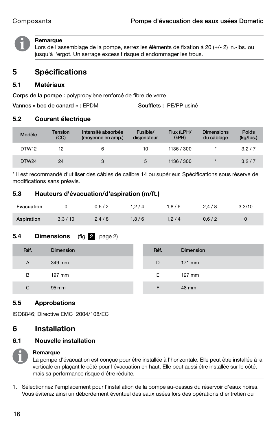 5 spécifications, 6 installation, 4 dimensions | 5 approbations, 1 nouvelle installation | SeaLand DTW Discharge Pump User Manual | Page 16 / 56