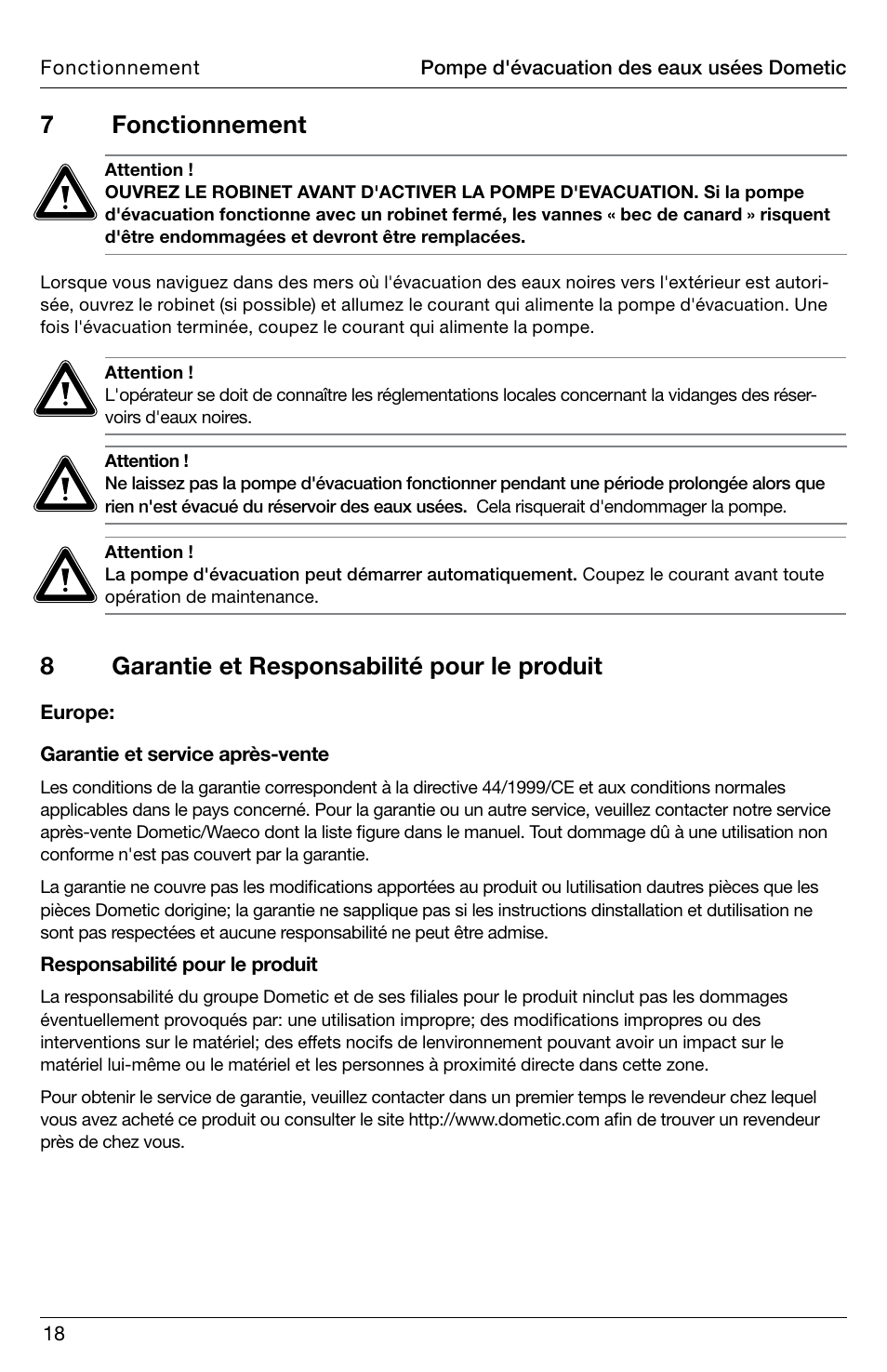 8garantie et responsabilité pour le produit, 7 fonctionnement | SeaLand DTW Discharge Pump User Manual | Page 18 / 56