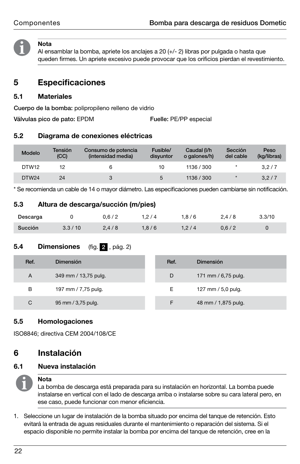 5 especificaciones, 6 instalación, 4 dimensiones | 5 homologaciones, 1 nueva instalación, Componentes, Bomba para descarga de residuos dometic | SeaLand DTW Discharge Pump User Manual | Page 22 / 56