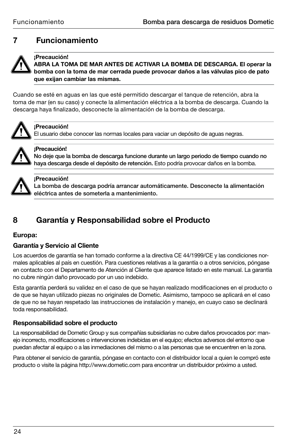 8garantía y responsabilidad sobre el producto, 7 funcionamiento | SeaLand DTW Discharge Pump User Manual | Page 24 / 56