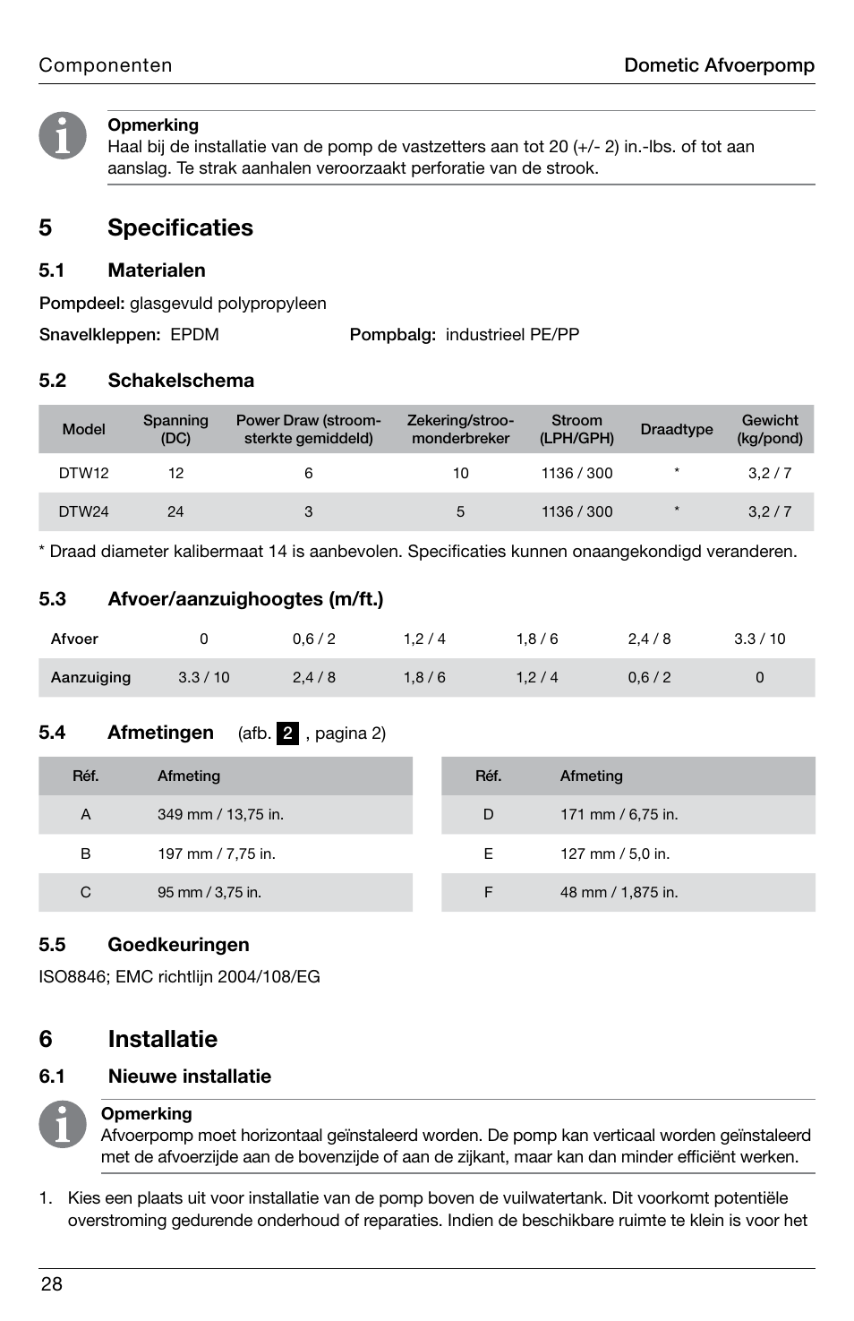 5 specificaties, 6 installatie, 4 afmetingen | 5 goedkeuringen, 1 nieuwe installatie, Dometic afvoerpomp componenten | SeaLand DTW Discharge Pump User Manual | Page 28 / 56