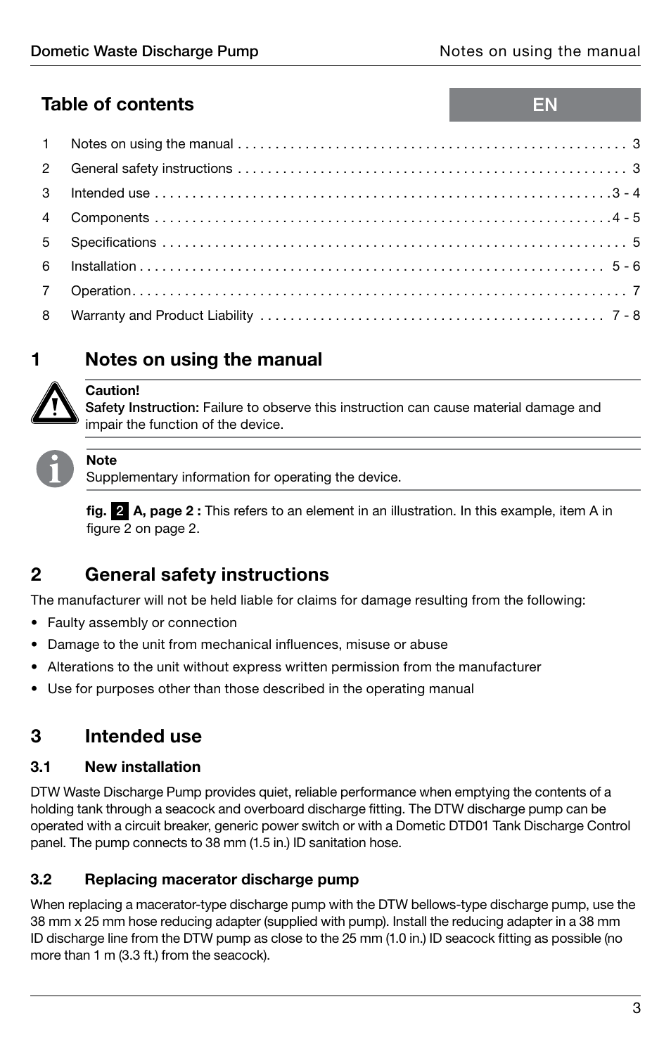 En table of contents 2 general safety instructions, 3intended use | SeaLand DTW Discharge Pump User Manual | Page 3 / 56
